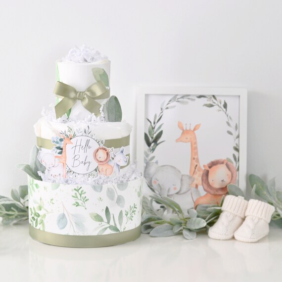 Safari Greenery Baby Shower Decoration, Jungle Animals Diaper Cake, Baby Shower Gift, Eucalyptus, Lambs Ear, Elephant, Lion, Giraffe Il_570xn