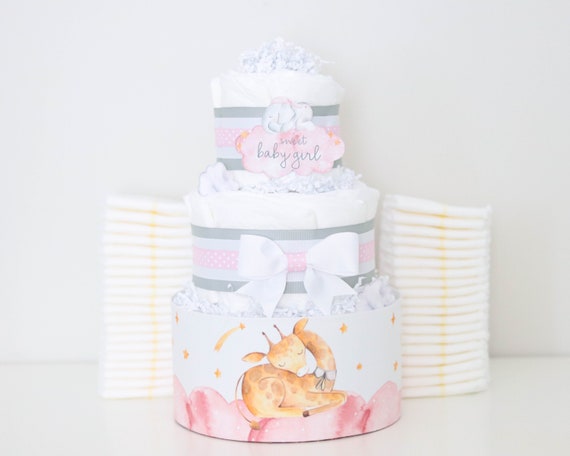 Pink Diaper Cake, Girl Twinkle Twinkle Little Star Baby Shower Decoration, Newborn Girl Gift, Diaper Tower, Elephant Giraffe, Clouds Il_570xn
