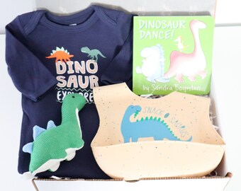 Dinosaur Baby Gift Box, Newborn Boy Gift Set, Dino Baby Shower, New Parents Gift, Unique Baby Present, Pajamas, Book, Bib, Rattle