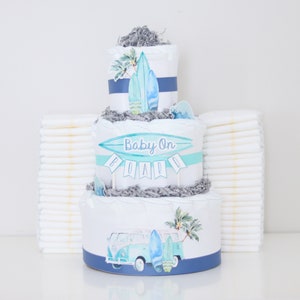 Surf Board Beach Baby Shower Decoration, Baby On Board Diaper Cake Centerpiece, Surfing Decor, Summer Baby Shower, Retro Baby Boy image 2