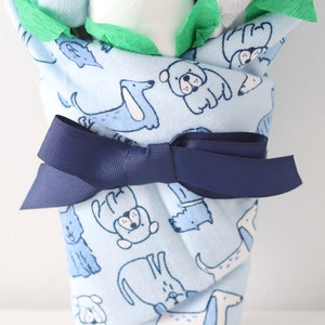 Baby Boy Gift Set, New Parent Gift Idea, Blue Puppy Welcome Home Baby Gift, Baby Bouquet with Blanket, Socks, Washcloths, Bodysuit, Diapers image 6