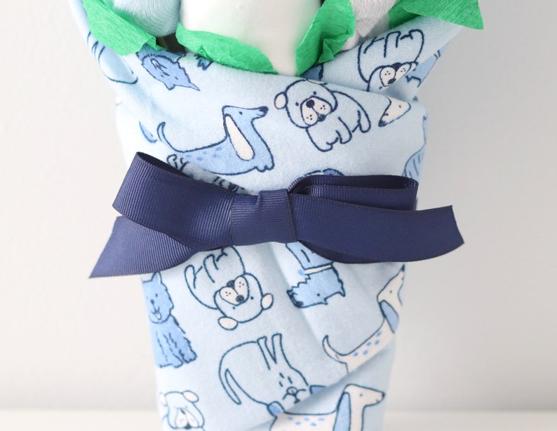 Baby Boy Gift Set, New Parent Gift Idea, Blue Puppy Welcome Home Baby Gift, Baby Bouquet with Blanket, Socks, Washcloths, Bodysuit, Diapers image 6