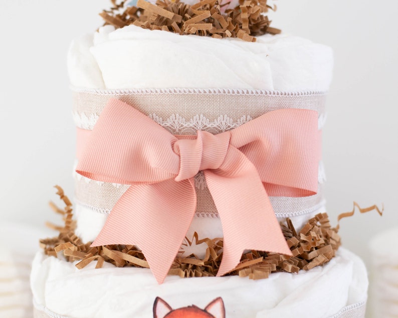 Woodland Baby Shower Decoration Girl, Pink Woodland Animals Diaper Cake, Baby Girl Shower Centerpiece, Baby Girl Gift, Deer, Racoon, Bear image 4