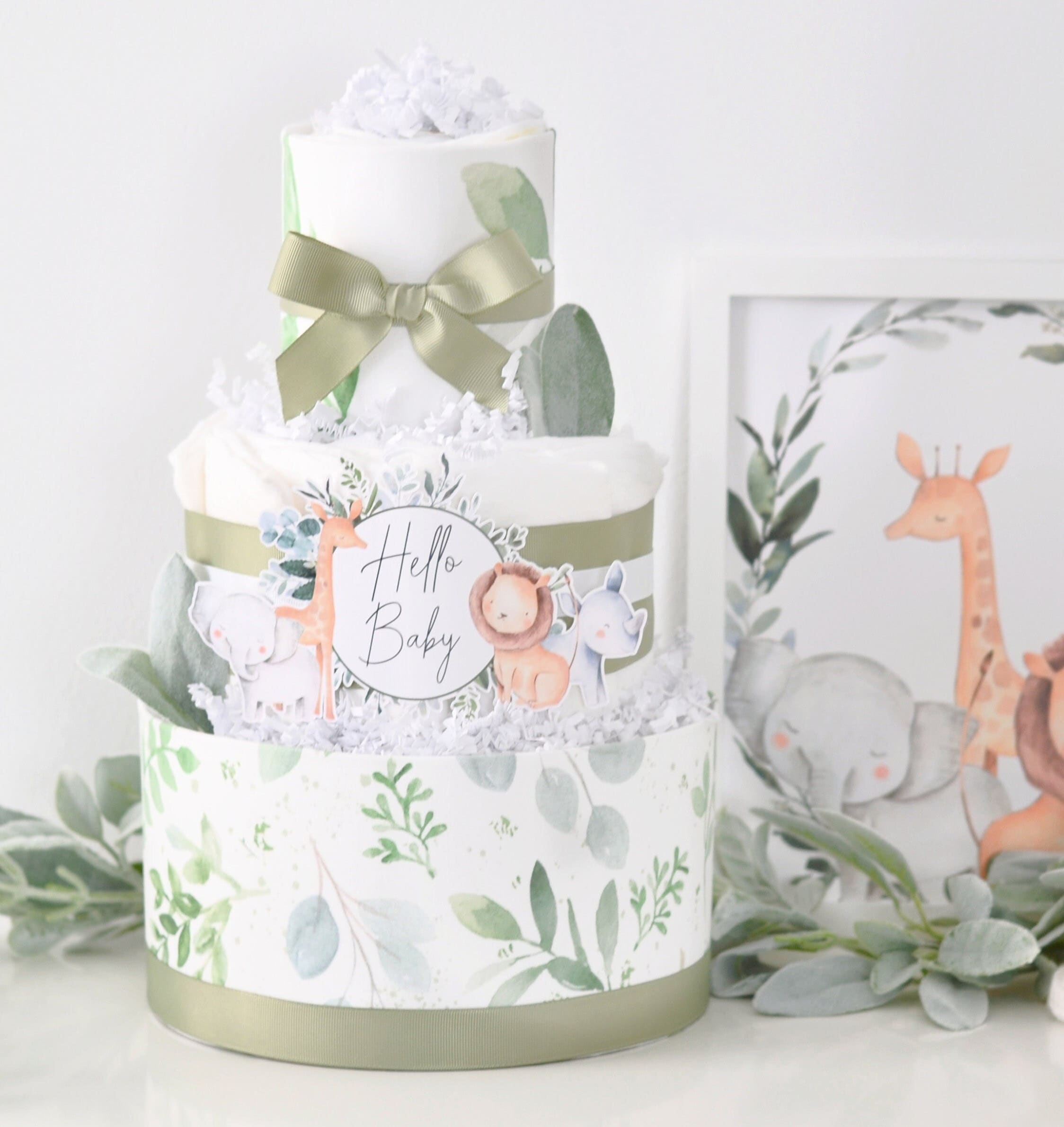 Safari Greenery Baby Shower Decoration, Safari Animals Diaper Cake, Baby Shower Gift, Eucalyptus, Lambs Ear, Elephant, Lion, Giraffe