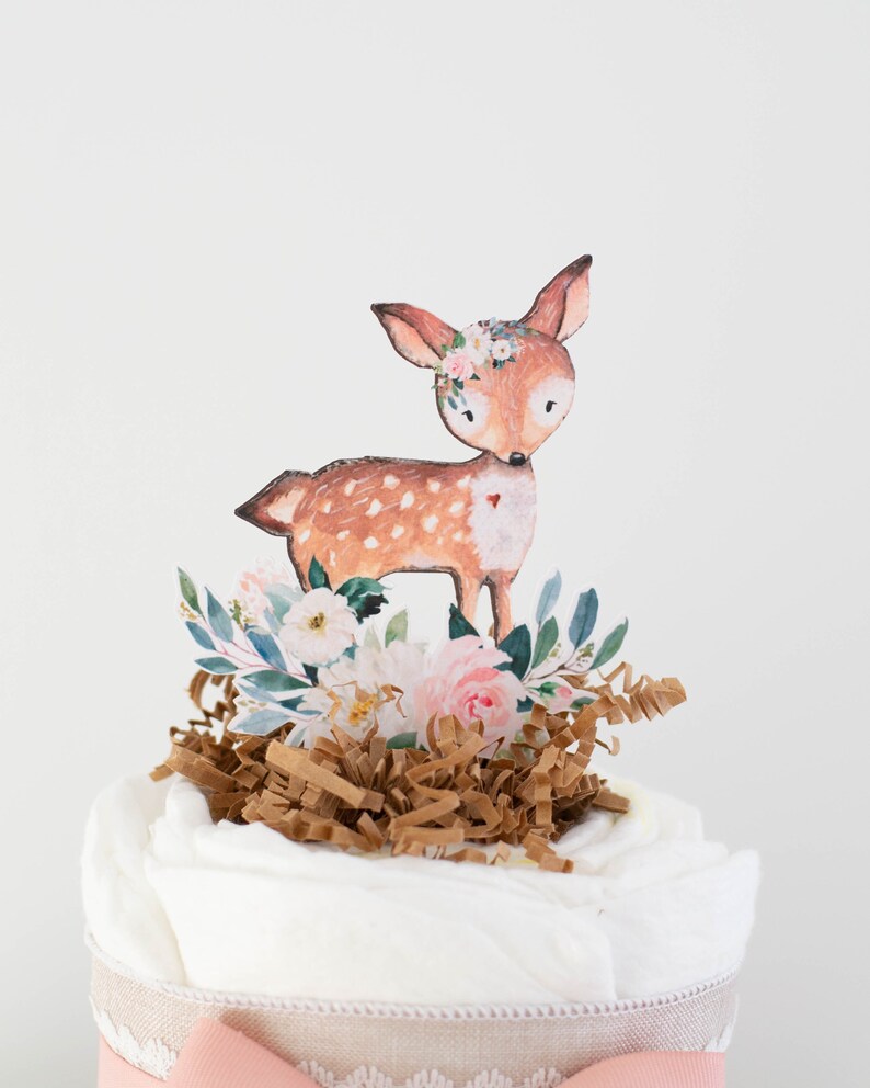 Woodland Baby Shower Decoration Girl, Pink Woodland Animals Diaper Cake, Baby Girl Shower Centerpiece, Baby Girl Gift, Deer, Racoon, Bear image 3