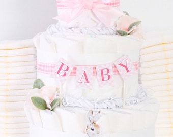 Peter Rabbit Pink Baby Girl Diaper Cake, Baby Shower Gift Decoration or Centerpiece, Gingham Easter Bunny Spring Theme