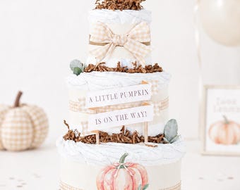 Neutral Pumpkin Baby Shower Diaper Cake, Fall Shower Centerpiece, Little Pumpkin, Tan Gingham Autumn Baby Shower Decor