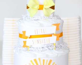 Little Sunshine Diaper Cake, Yellow Orange Sun Baby Shower Decoration, Ray of Sunshine, Muted Retro Boho Sun Baby Shower Centerpiece