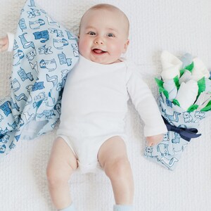 Baby Boy Gift Set, New Parent Gift Idea, Blue Puppy Welcome Home Baby Gift, Baby Bouquet with Blanket, Socks, Washcloths, Bodysuit, Diapers image 2