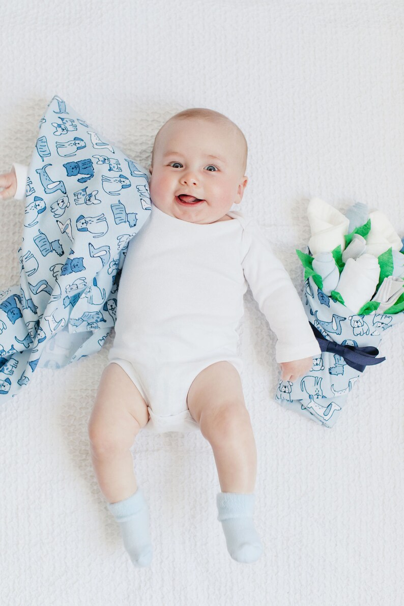 Baby Boy Gift Set, New Parent Gift Idea, Blue Puppy Welcome Home Baby Gift, Baby Bouquet with Blanket, Socks, Washcloths, Bodysuit, Diapers image 2