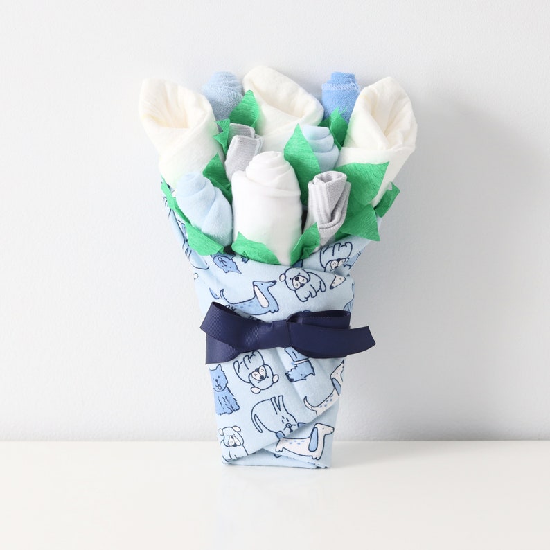Baby Boy Gift Set, New Parent Gift Idea, Blue Puppy Welcome Home Baby Gift, Baby Bouquet with Blanket, Socks, Washcloths, Bodysuit, Diapers image 4