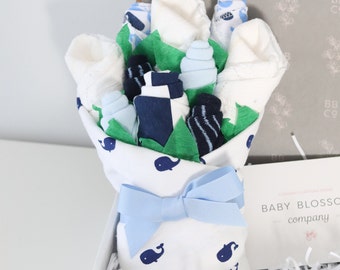 Baby Boy Gift Set, Gift for New Mom, Whale Nautical Ocean Baby Shower Gift Set with Blanket, Bodysuit, Washcloths, Socks