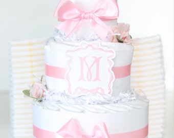 Pink Bow Baby Shower Decoration, Blush Pink Ribbon Minimalist Diaper Cake, Preppy Baby Girl Shower Centerpiece, Monogram Personalized