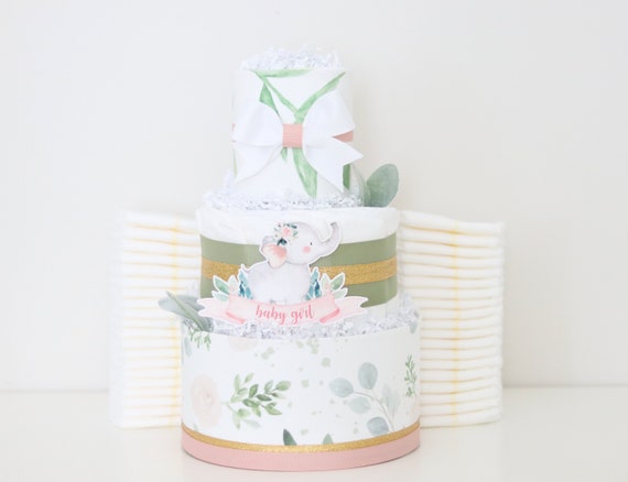 Girl Elephant Baby Shower Decoration, Baby Girl Diaper Cake, Pink Floral Greenery Baby Shower Centerpiece, Its a Girl Decor, Baby Girl Gift Il_570xn