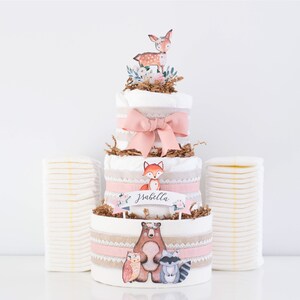 Woodland Baby Shower Decoration Girl, Pink Woodland Animals Diaper Cake, Baby Girl Shower Centerpiece, Baby Girl Gift, Deer, Racoon, Bear image 2