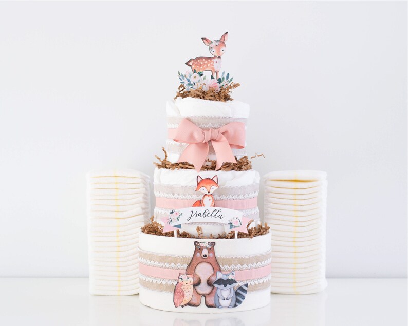 Woodland Baby Shower Decoration Girl, Pink Woodland Animals Diaper Cake, Baby Girl Shower Centerpiece, Baby Girl Gift, Deer, Racoon, Bear image 2