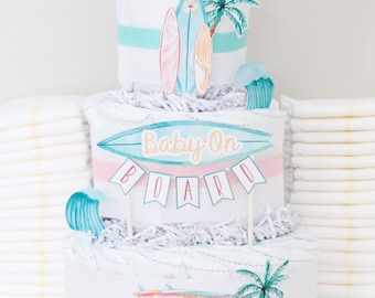 Baby on Board Baby Shower Decoration, Surf Beach Baby Shower Diaper Cake, Surfing Decoration, Summer Baby Shower, Retro Baby Girl