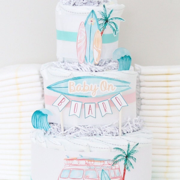 Baby on Board Baby Shower Decoration, Surf Beach Baby Shower Diaper Cake, Surfing Decoration, Summer Baby Shower, Retro Baby Girl