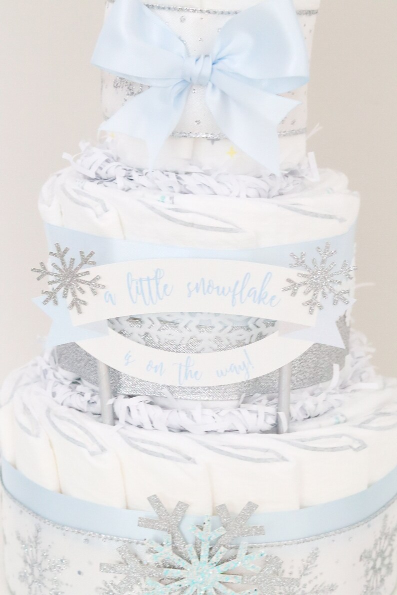 Blue Snowflake Baby Shower Diaper Cake, Boy Little Snowflake Centerpiece, Winter Baby Shower Decoration, Baby It's Cold Outside image 7