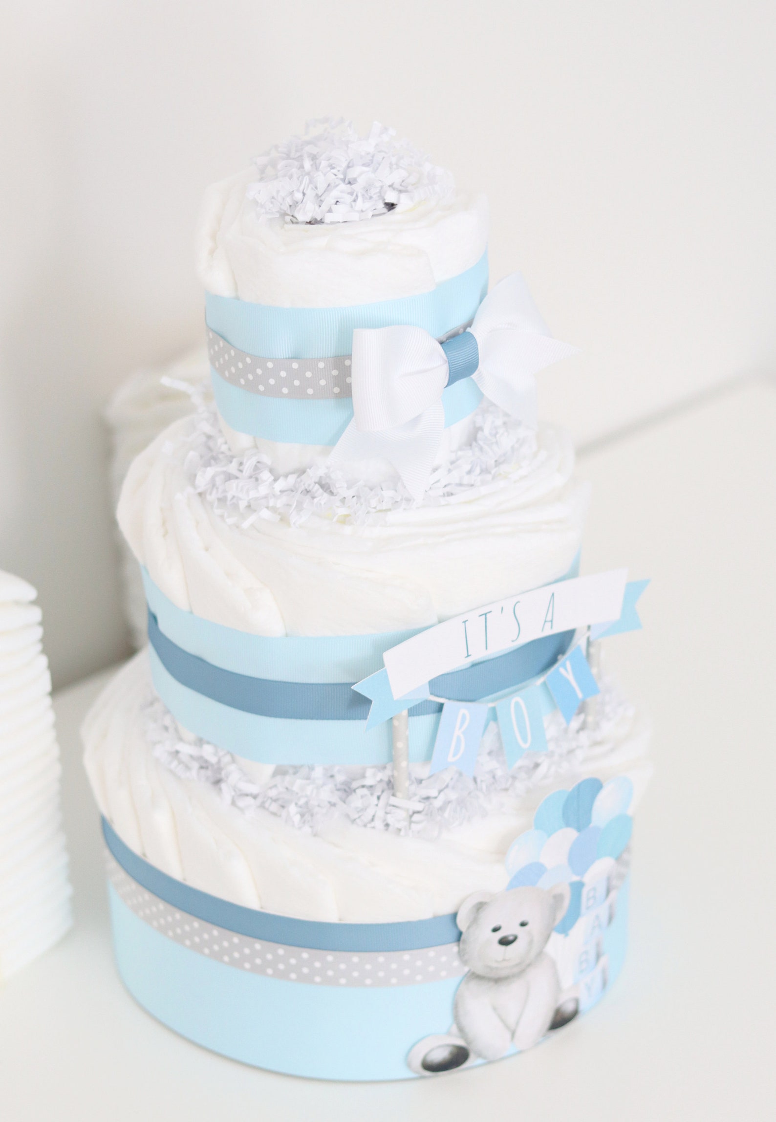 Blue Teddy Bear Diaper Cake, Bear Balloon Baby Shower Decoration, It's ...