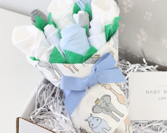 New Baby Gift Boy, Welcome Gift for Newborn, Infant Boy Gifts, Unique Gift Idea, Baby Clothes Bouquet, Shower Gift Box Basket Safari Animals