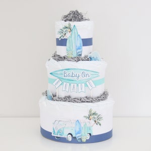 Surf Board Beach Baby Shower Decoration, Baby On Board Diaper Cake Centerpiece, Surfing Decor, Summer Baby Shower, Retro Baby Boy image 3