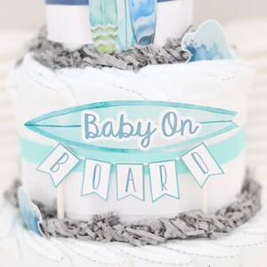 Surf Board Beach Baby Shower Decoration, Baby On Board Diaper Cake Centerpiece, Surfing Decor, Summer Baby Shower, Retro Baby Boy image 6