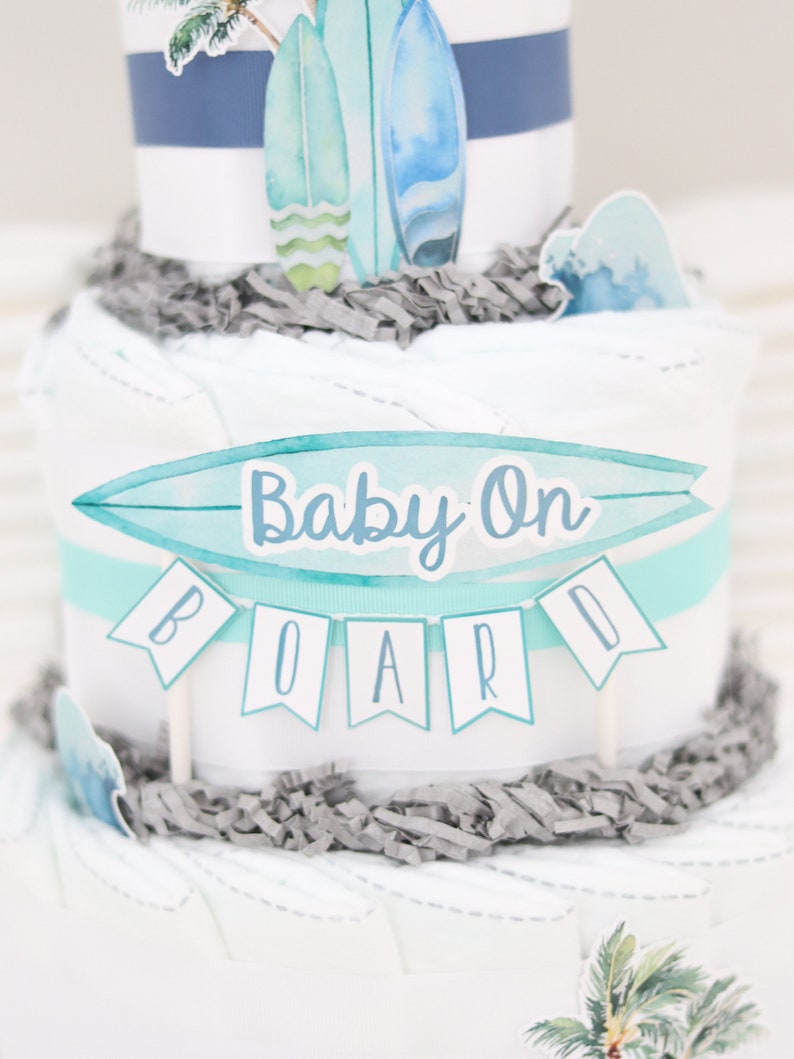 Surf Board Beach Baby Shower Decoration, Baby On Board Diaper Cake Centerpiece, Surfing Decor, Summer Baby Shower, Retro Baby Boy image 6