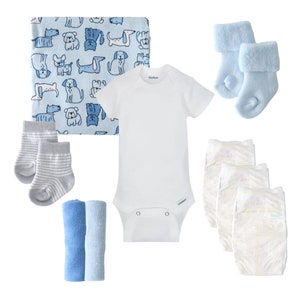 Baby Boy Gift Set, New Parent Gift Idea, Blue Puppy Welcome Home Baby Gift, Baby Bouquet with Blanket, Socks, Washcloths, Bodysuit, Diapers image 7