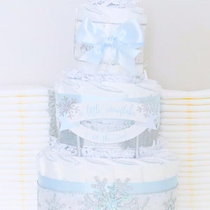 Blue Snowflake Baby Shower Diaper Cake, Boy Little Snowflake Centerpiece, Winter Baby Shower Decoration, Baby It's Cold Outside image 1