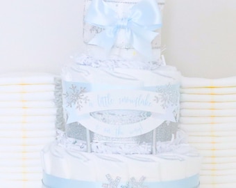 Blue Snowflake Baby Shower Diaper Cake, Boy Little Snowflake Centerpiece, Winter Baby Shower Decoration, Baby It's Cold Outside