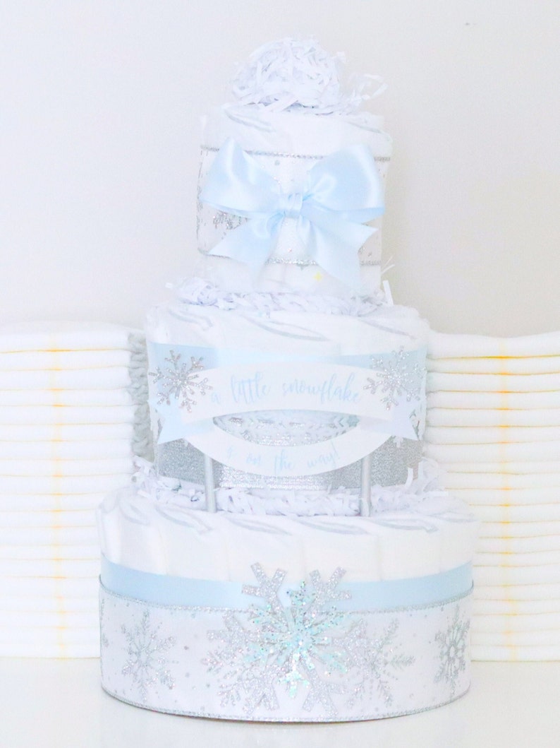 Blue Snowflake Baby Shower Diaper Cake, Boy Little Snowflake Centerpiece, Winter Baby Shower Decoration, Baby It's Cold Outside image 1