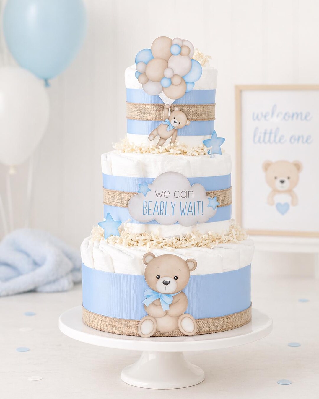 Teddy Bear Diaper Cake, We Can Bearly Wait Baby Shower Decoration, Baby ...