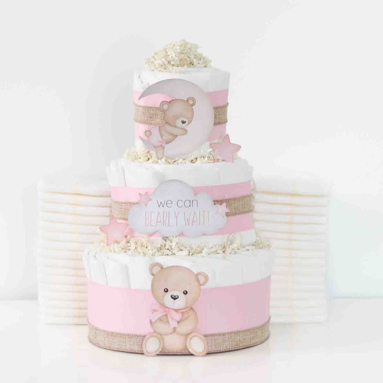 Pink Teddy Bear Diaper Cake, We Can Bearly Wait Baby Shower Decoration ...