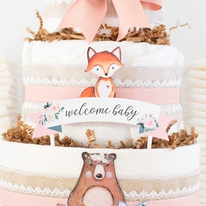 Woodland Baby Shower Decoration Girl, Pink Woodland Animals Diaper Cake, Baby Girl Shower Centerpiece, Baby Girl Gift, Deer, Racoon, Bear image 5