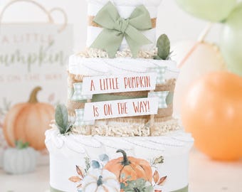 Pumpkin Baby Shower Diaper Cake, Fall Floral Centerpiece Décor, Orange Sage Gender Neutral Rustic Autumn Boho Little Pumpkin is on the Way