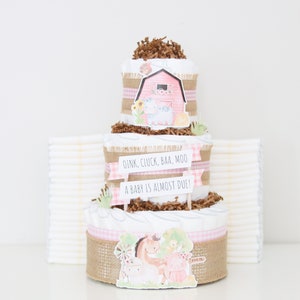 Farm Baby Shower Diaper Cake, Barnyard Animals Shower Decoration Centerpiece Decor for Girl, Boy, or Neutral with Cow Horse Barn Chick image 3