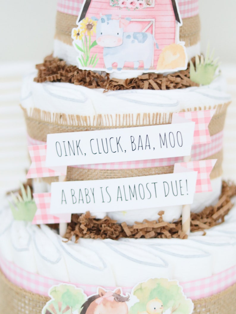 Farm Baby Shower Diaper Cake, Barnyard Animals Shower Decoration Centerpiece Decor for Girl, Boy, or Neutral with Cow Horse Barn Chick image 2