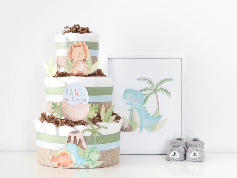 Dinosaur Baby Shower Decoration, Dinosaur Diaper Cake, Baby Boy Diaper Cake, Dino Baby Shower Centerpiece image 2