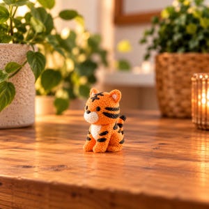 Peut inclure: Une petite figurine de tigre crochetée à la main, réalisée avec du fil orange vif orné de rayures noires, un museau blanc et une tache blanche sur la poitrine. Le tigre possède des oreilles rondes, des yeux en perles noires et une petite queue.