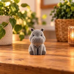 May include: A small, grey, crocheted hippopotamus figurine with a textured yarn surface, rounded ears, and two small black bead eyes. The figure is seated in an upright position, showcasing a detailed knit pattern across its entire body.