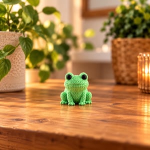 May include: A small, bright green crocheted frog figurine featuring a textured yarn surface, two large black circular eyes, and a simple horizontal line representing a mouth. The frog is depicted in a seated position with its front legs resting forward.
