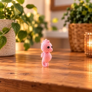 May include: A small, light pink seahorse figurine crafted with a textured, crocheted yarn surface. The seahorse features a curved tail, a prominent dorsal fin, and two small, round, black bead eyes positioned on the sides of its head.