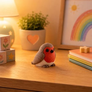 May include: A small, textured figurine of a robin bird with a bright orange-red chest, brown wings, and a white belly. The bird has a small black beak and dark eyes, and it is positioned on a wooden surface with a soft, warm glow.