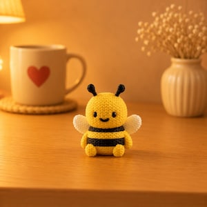 May include: A small, round, crocheted bee figurine featuring a yellow and black striped body, two white wings, and two black antennae. The bee has a simple embroidered face with two black eyes and a small, curved black mouth, sitting upright.