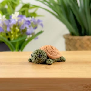 May include: A handmade turtle ornament with a textured, peach-coloured shell and a green body. The turtle is on a light brown surface. The figurine is a decorative item.
