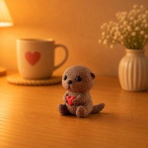 May include: A small, brown, textured figurine of an otter sitting upright. The otter has black eyes and a small black nose, and it is holding a tiny, smooth, bright red heart between its front paws. The surface of the otter has a detailed, knitted-like texture.