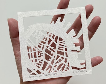 Boston, Massachusetts Hand Cut Map Artwork, 4x4