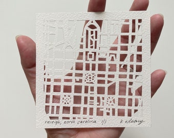 Raleigh, Greensboro, Asheville, Ocean Isle, Wilmington, North Carolina Hand Cut Map Artwork, 4x4