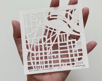 Ann Arbor, Detroit, or Traverse City, Michigan Hand Cut Map Artwork, 4x4